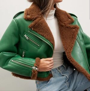 Stand Studio Green and Brown Leather Jacket